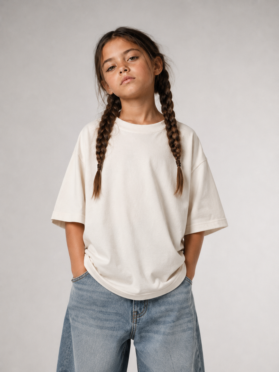 Mädchen von vorne im cremefarbenen Kids Oversize Shirt von BELOUD mit Drop-Shoulder-Schnitt