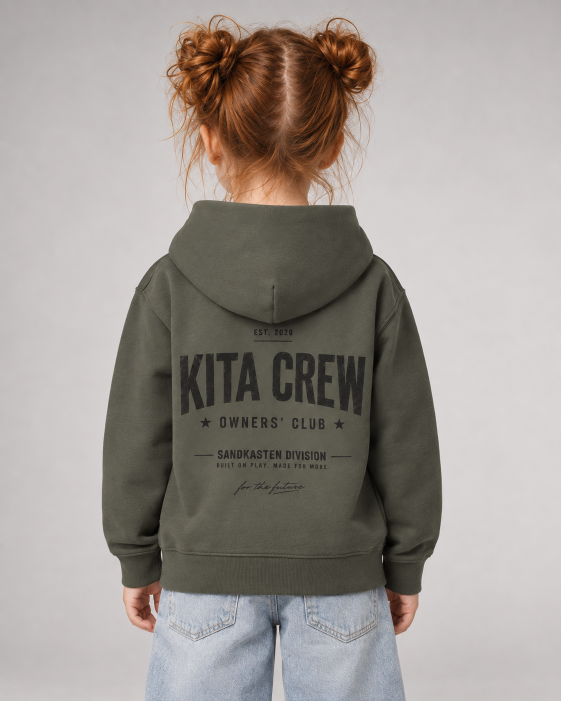 KITA CREW Kids Hoodie Organic Khaki – Rückenansicht Halfbody