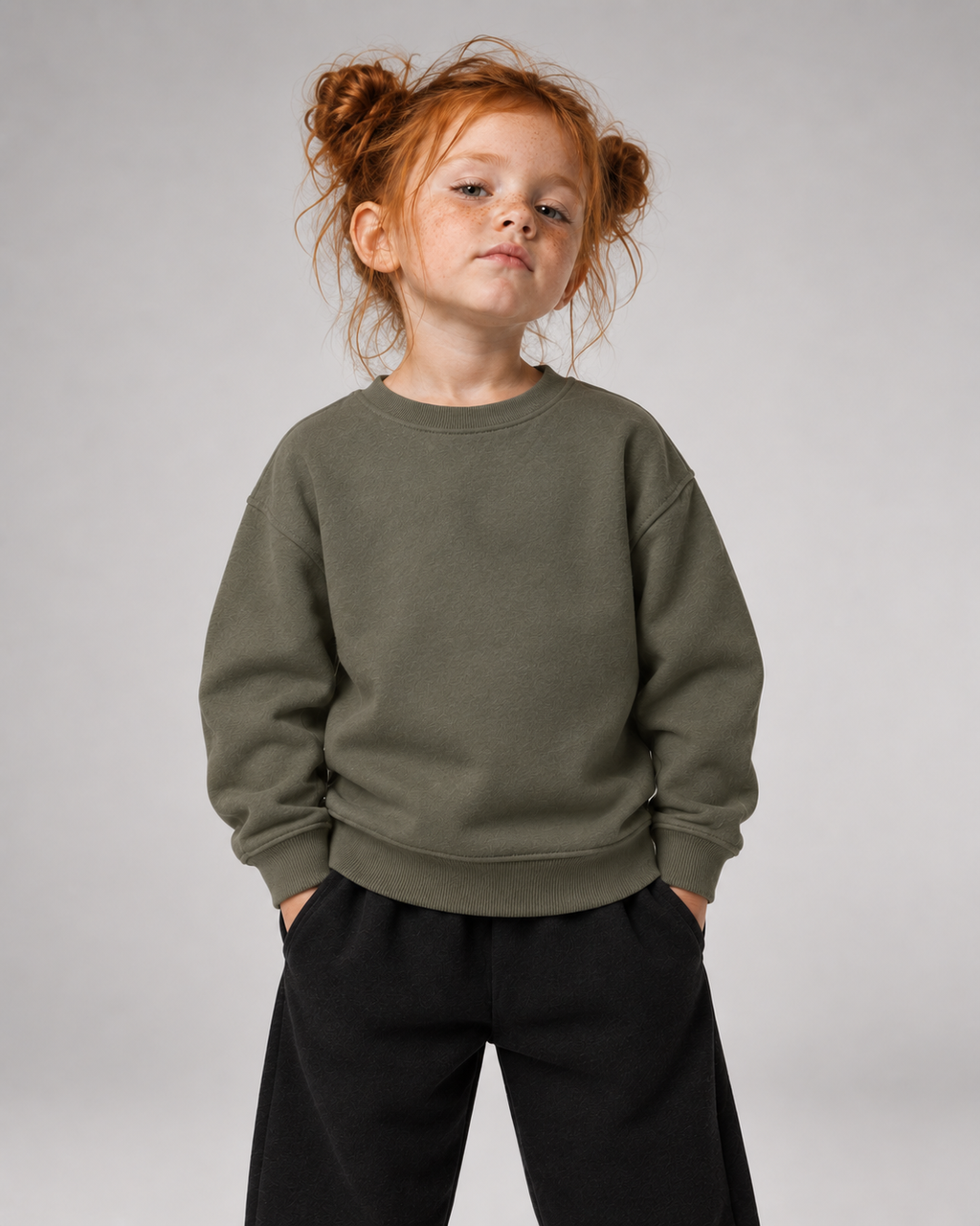 KITA CREW Kids Sweater Organic Khaki – Vorderansicht getragen