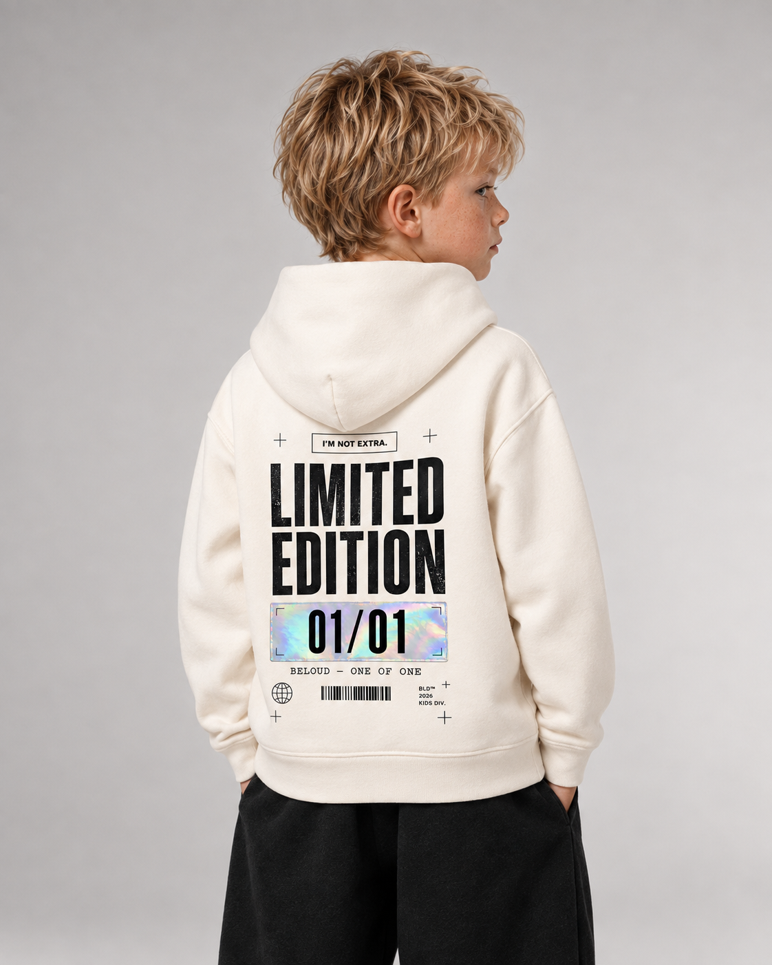 LIMITED EDITION Kids Hoodie in Ivory – Dreiviertel-Rückenansicht