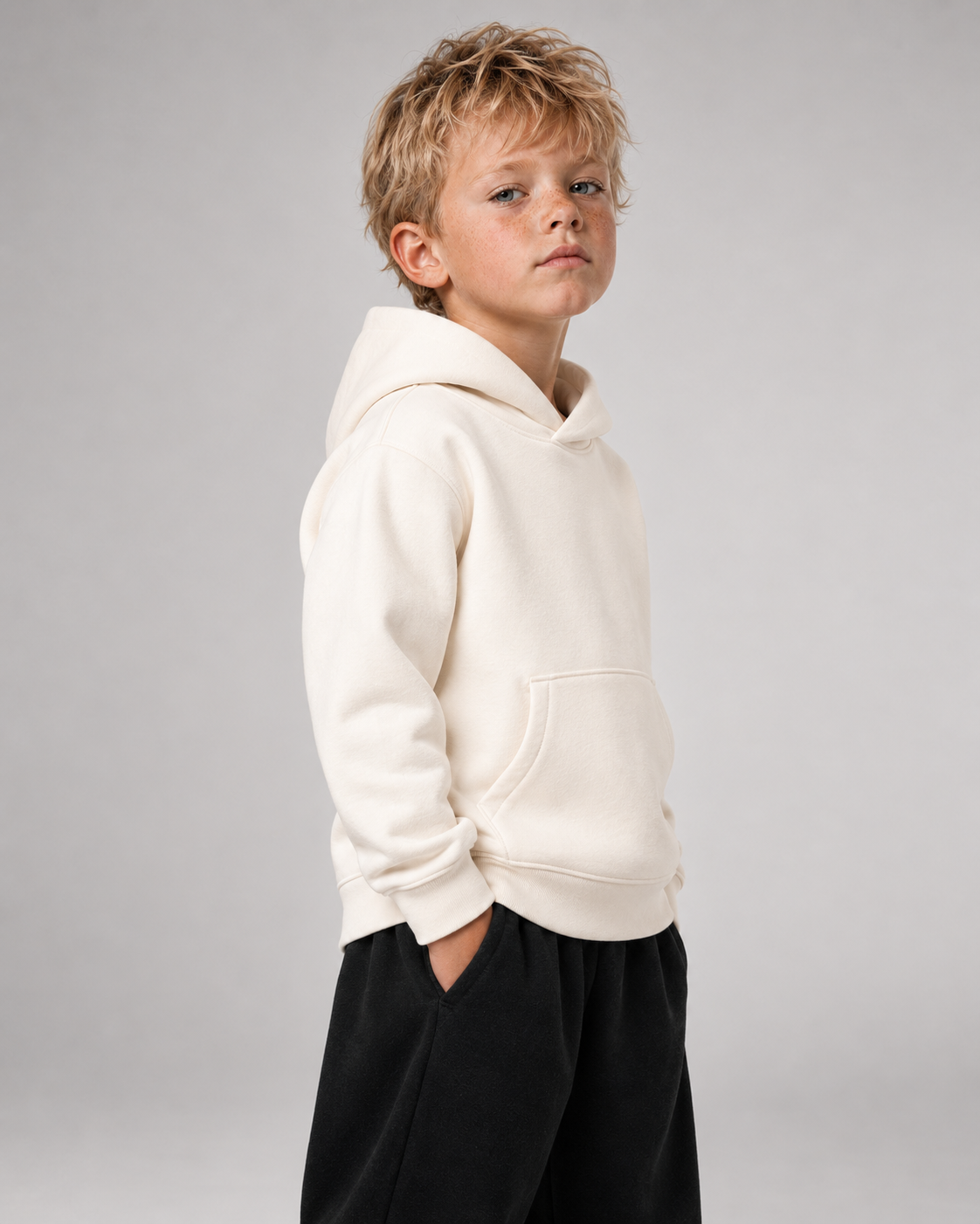 LIMITED EDITION Kids Hoodie in Ivory – Seitenansicht und Passform