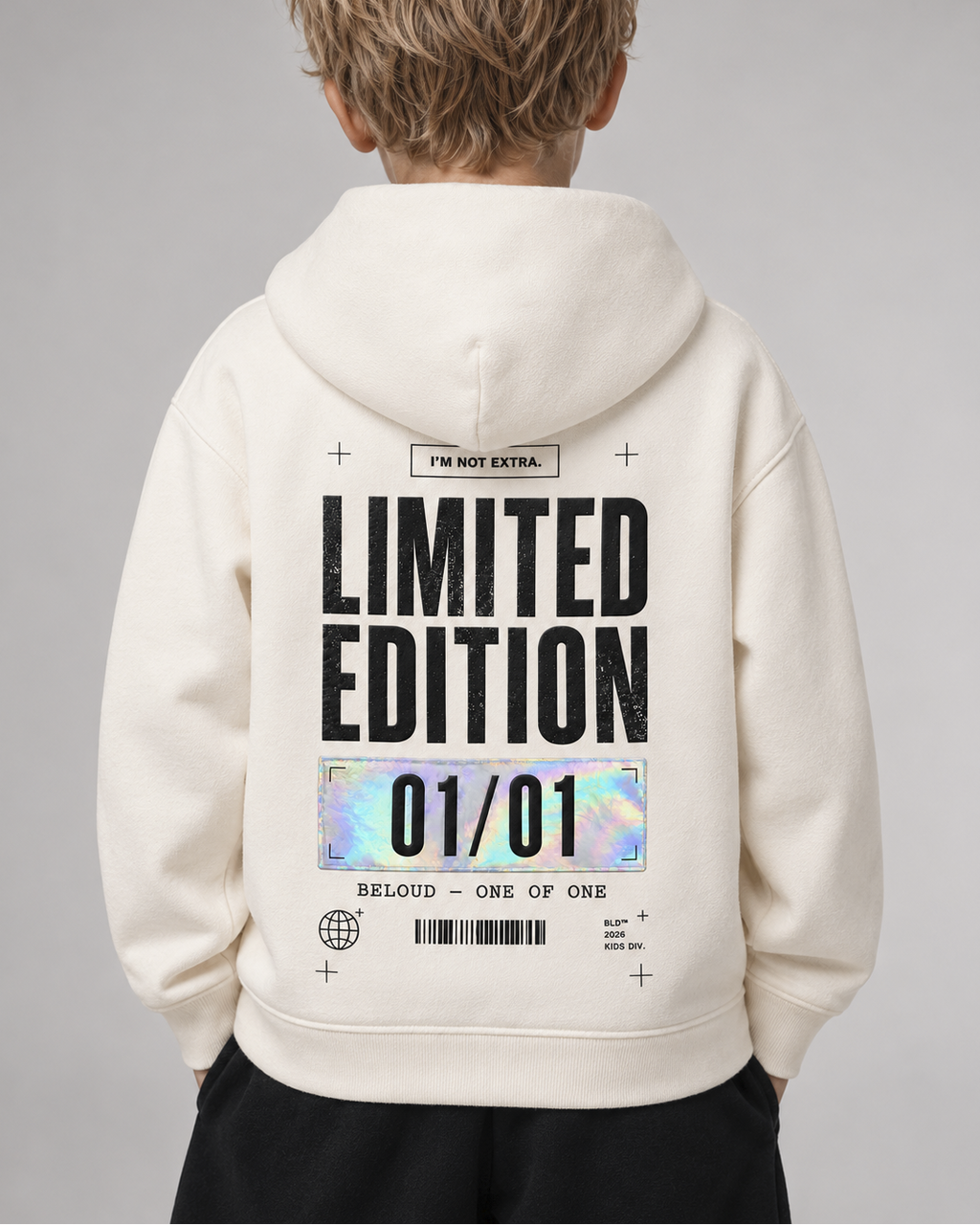 LIMITED EDITION Kids Hoodie in Ivory – Detail des Rückenprints