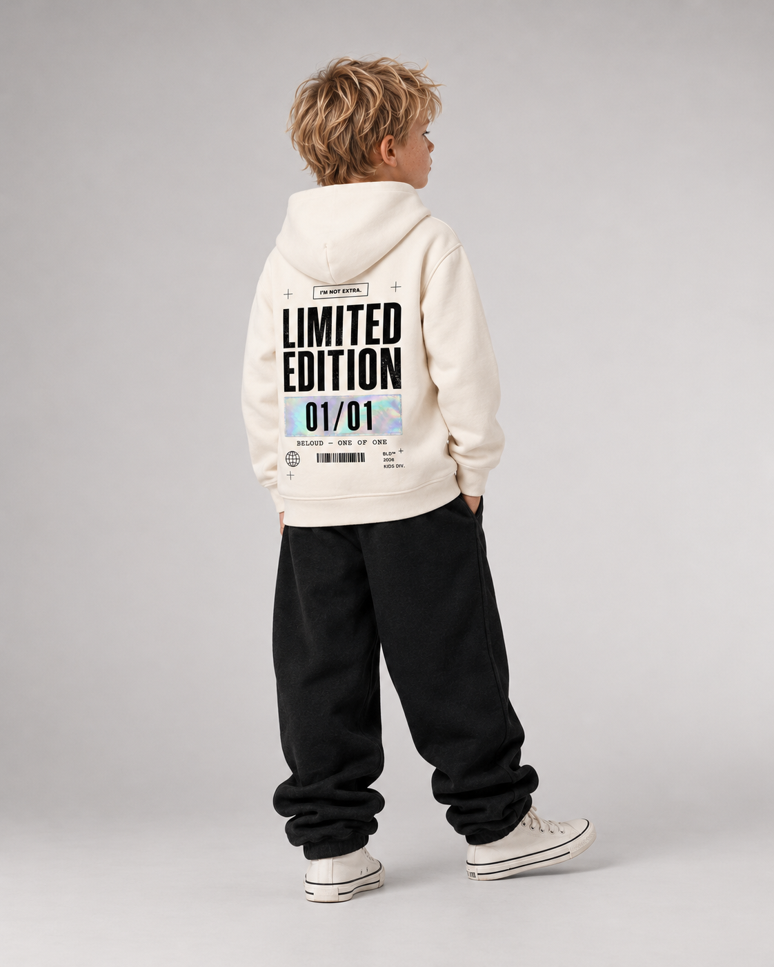 LIMITED EDITION Kids Hoodie in Ivory – Dreiviertel-Rückenansicht Fullbody