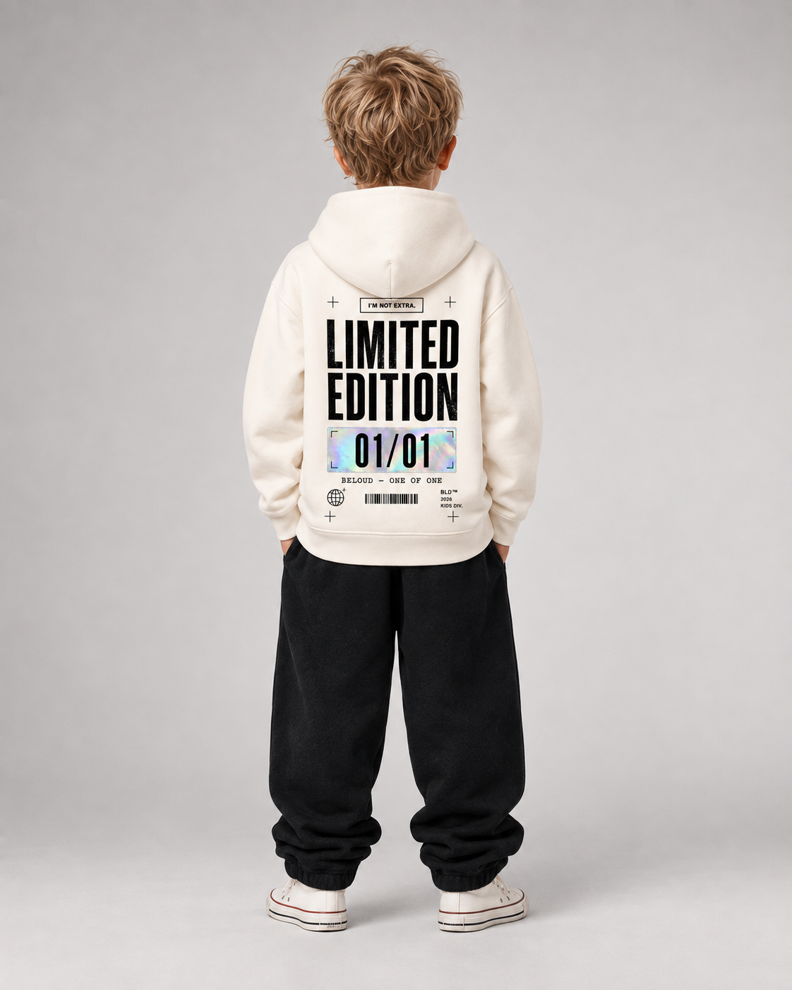 LIMITED EDITION Kids Hoodie in Ivory – Rückenansicht Fullbody