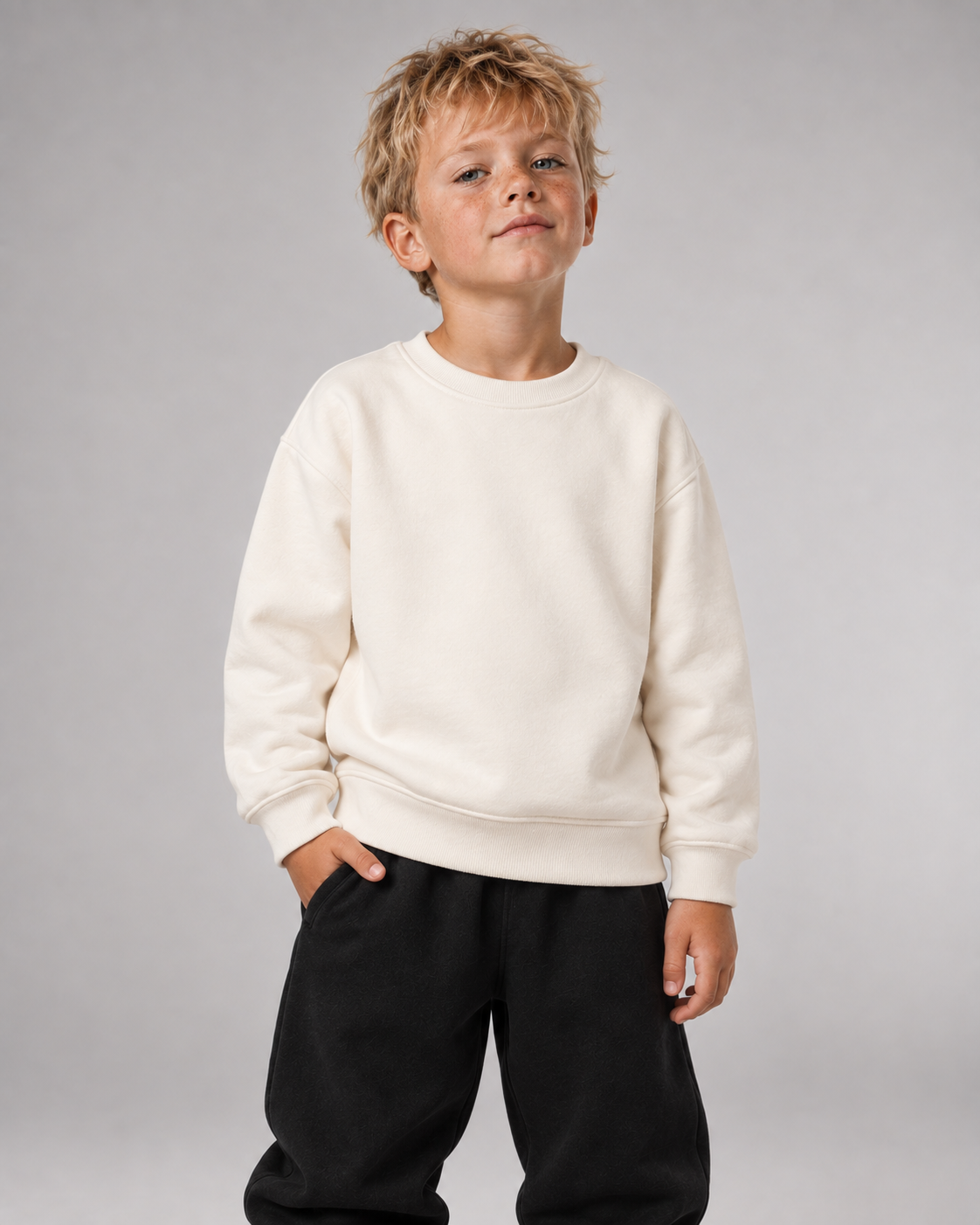 Junge trägt LIMITED EDITION Kids Sweater in Ivory – Vorderansicht