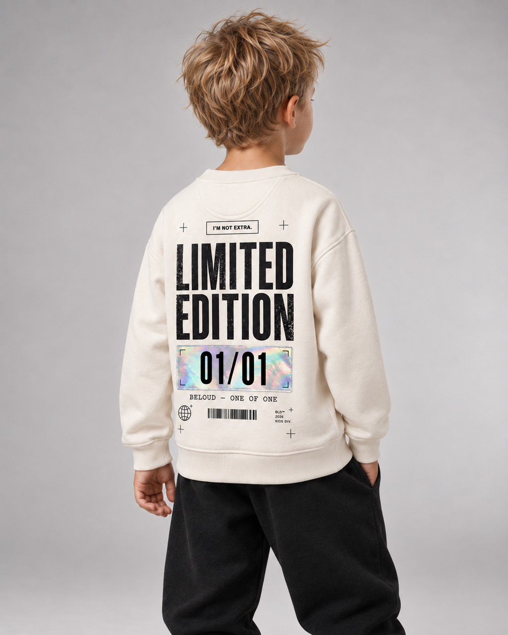 Junge trägt LIMITED EDITION Kids Sweater in Ivory – Dreiviertel-Rückansicht