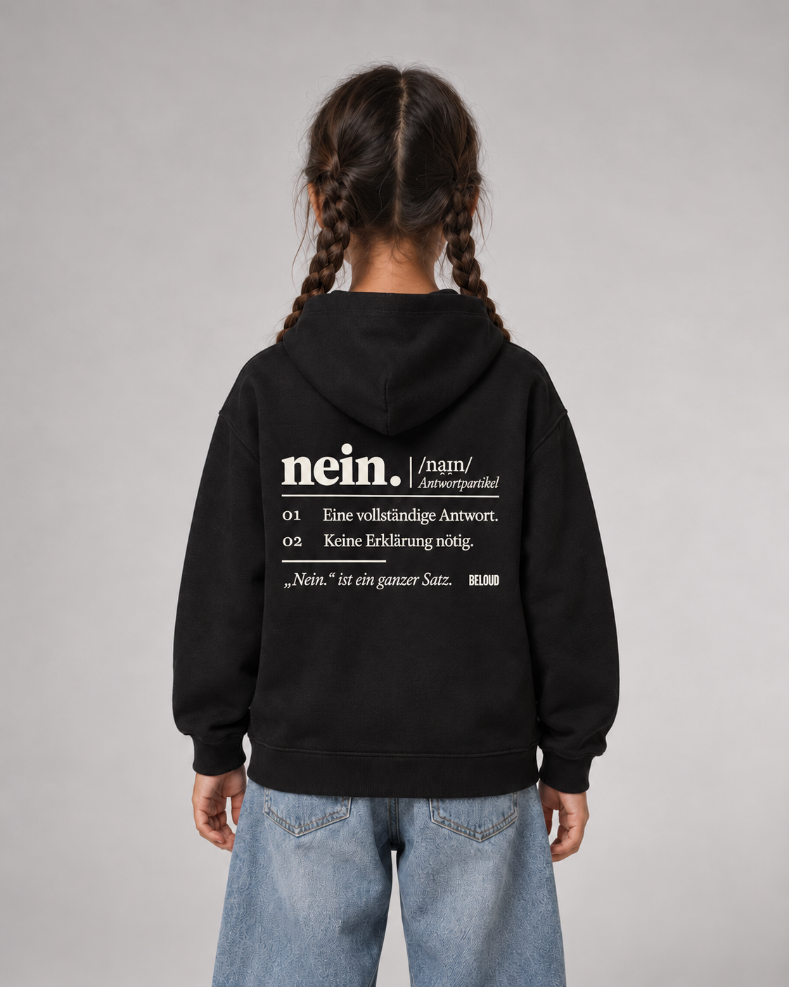 NEIN Kinder-Hoodie in Schwarz mit hellem Wörterbuch-Rückenprint