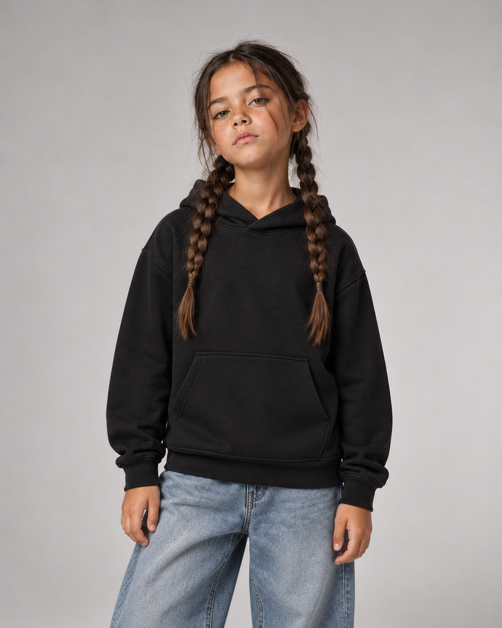 Schwarzer NEIN Kids Hoodie – Vorderansicht mit Kapuze und Kängurutasche