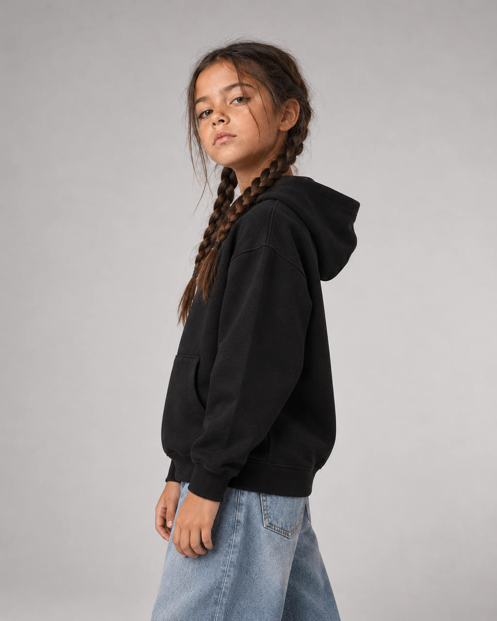 NEIN Kinder-Hoodie in Schwarz – Seitenansicht von Passform und Kapuze