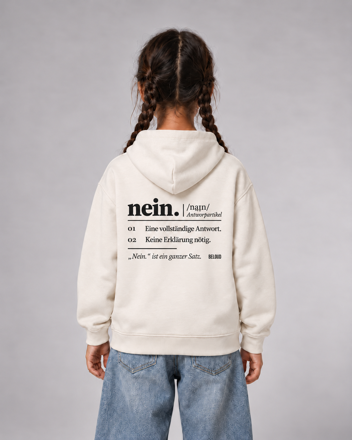 NEIN Kinder-Hoodie in Ivory mit schwarzem Wörterbuch-Rückenprint