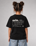 BELOUD NEIN Kinder T-Shirt in Schwarz – Rückenansicht mit ivoryfarbenem Wörterbuch-Print