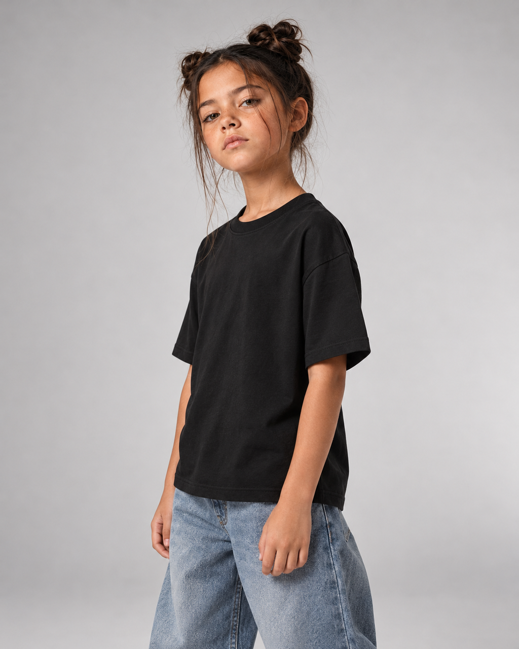 BELOUD NEIN Kinder T-Shirt in Schwarz – Seitenansicht der Passform