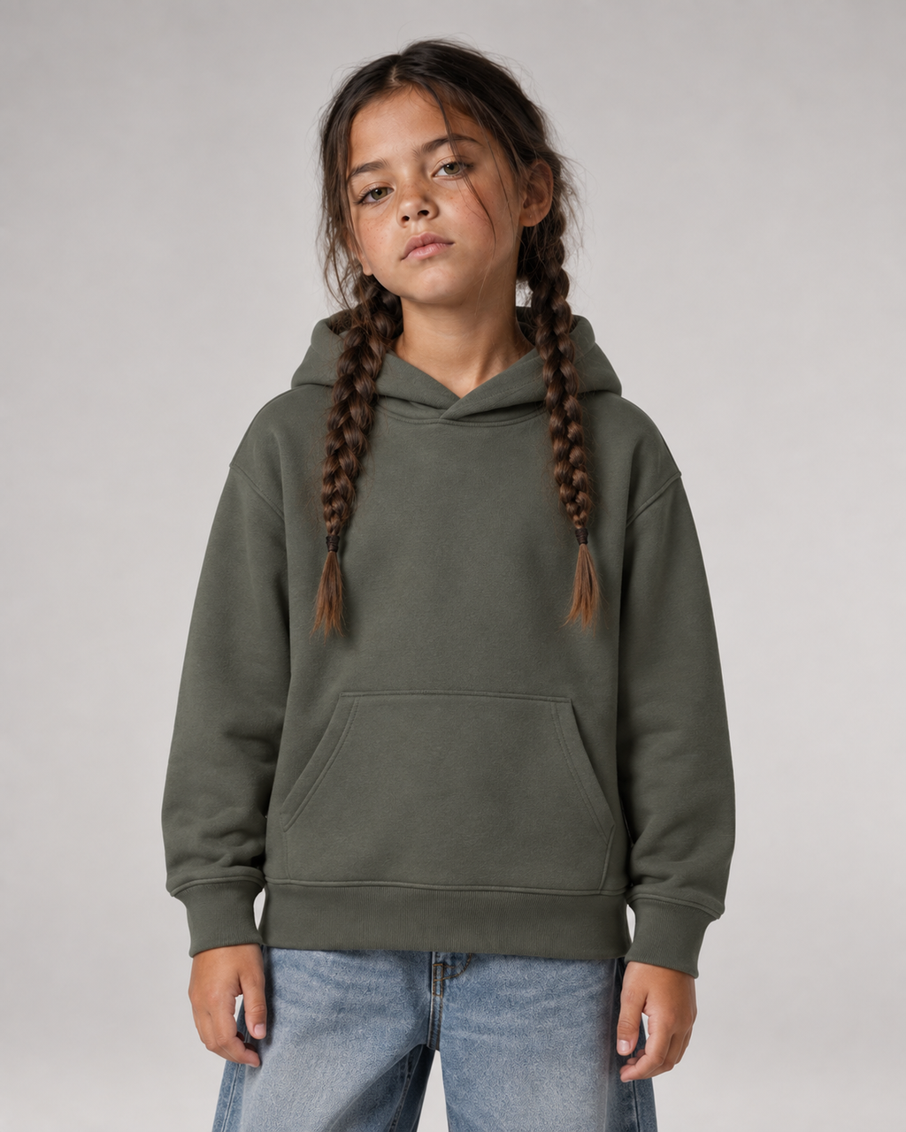NO HOMEWORK JUST VIBES Kids Hoodie Organic Khaki – Frontansicht getragen