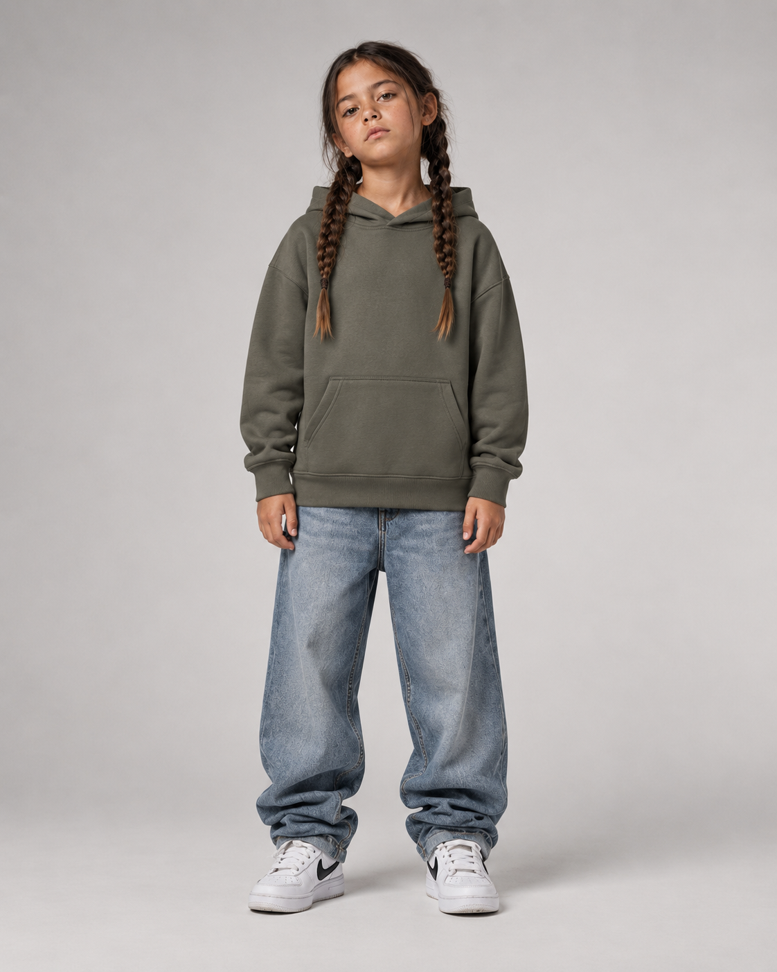 NO HOMEWORK JUST VIBES Kids Hoodie Organic Khaki – Front Fullbody