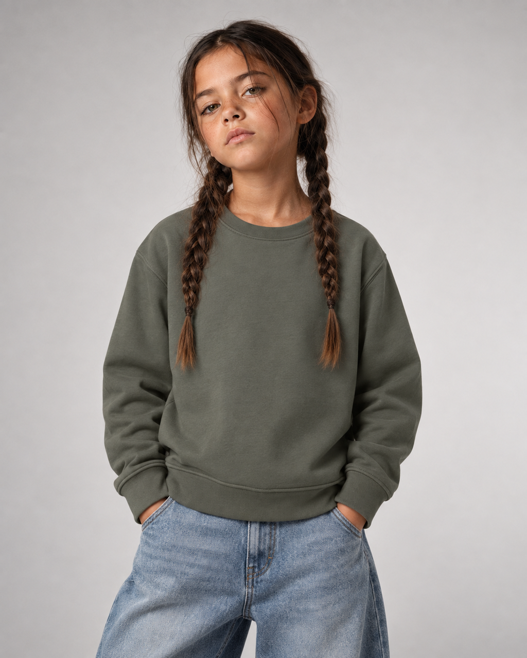 NO HOMEWORK JUST VIBES Kids Sweater in Organic Khaki – Vorderansicht am Model