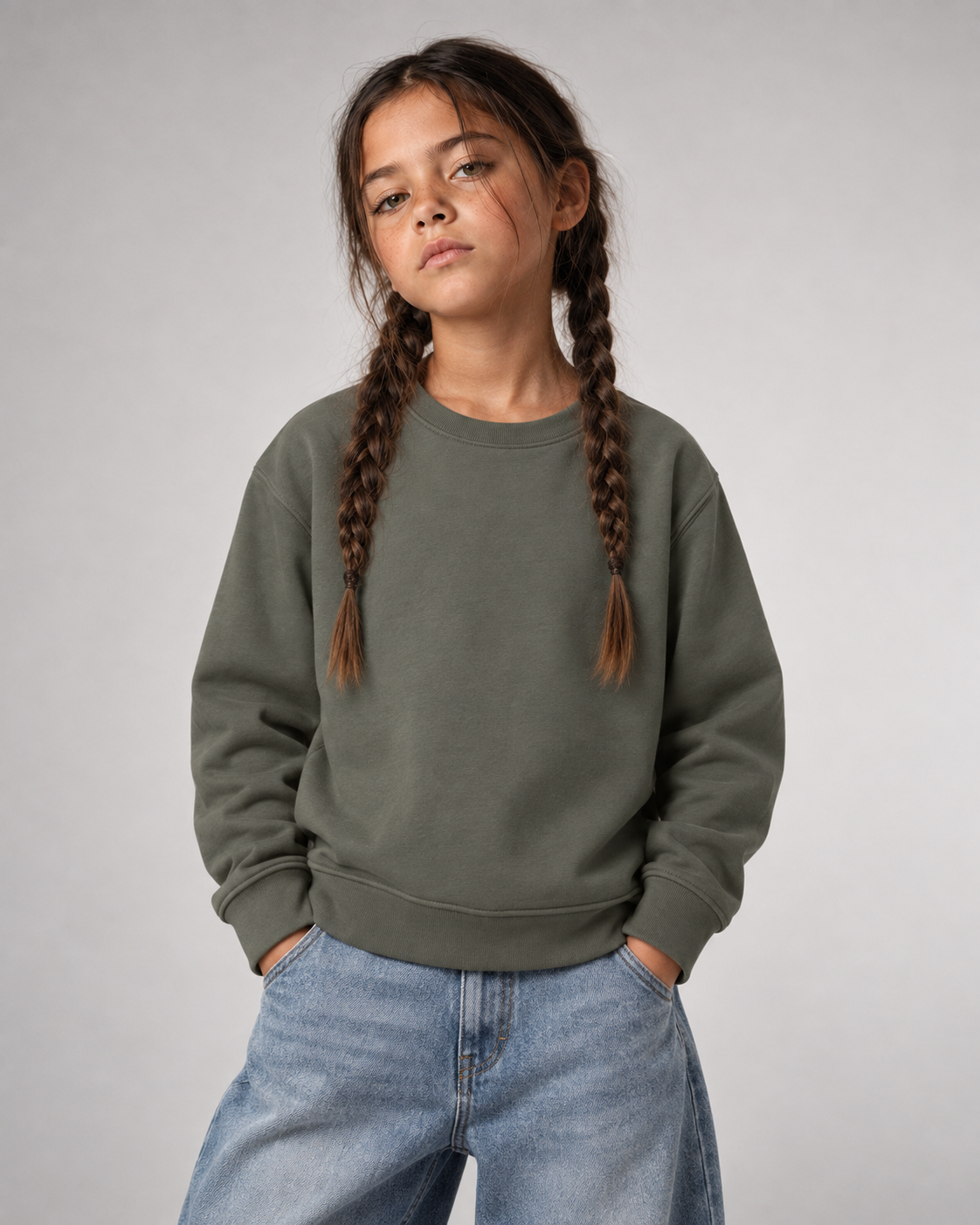 NO HOMEWORK JUST VIBES Kids Sweater in Organic Khaki – Vorderansicht am Model