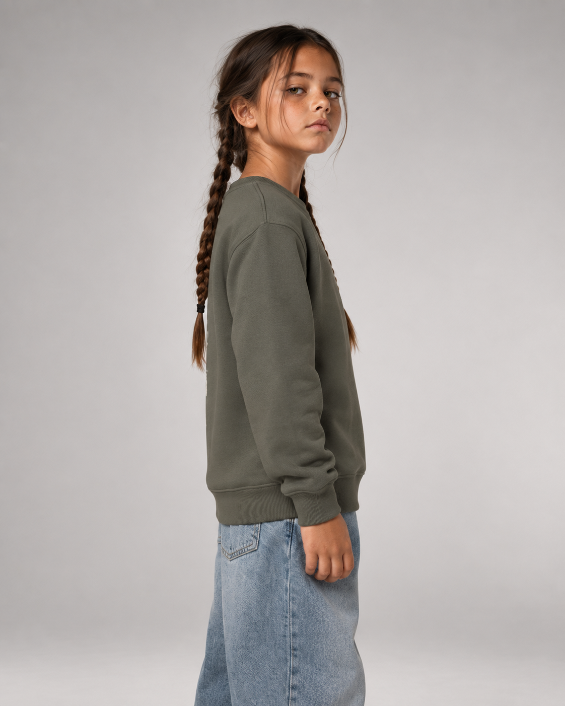 NO HOMEWORK JUST VIBES Kids Sweater in Organic Khaki – Seitenansicht und Passform