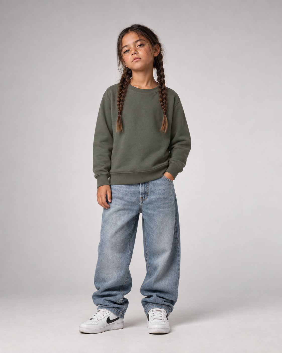 NO HOMEWORK JUST VIBES Kids Sweater in Organic Khaki – Ganzkörper Vorderansicht
