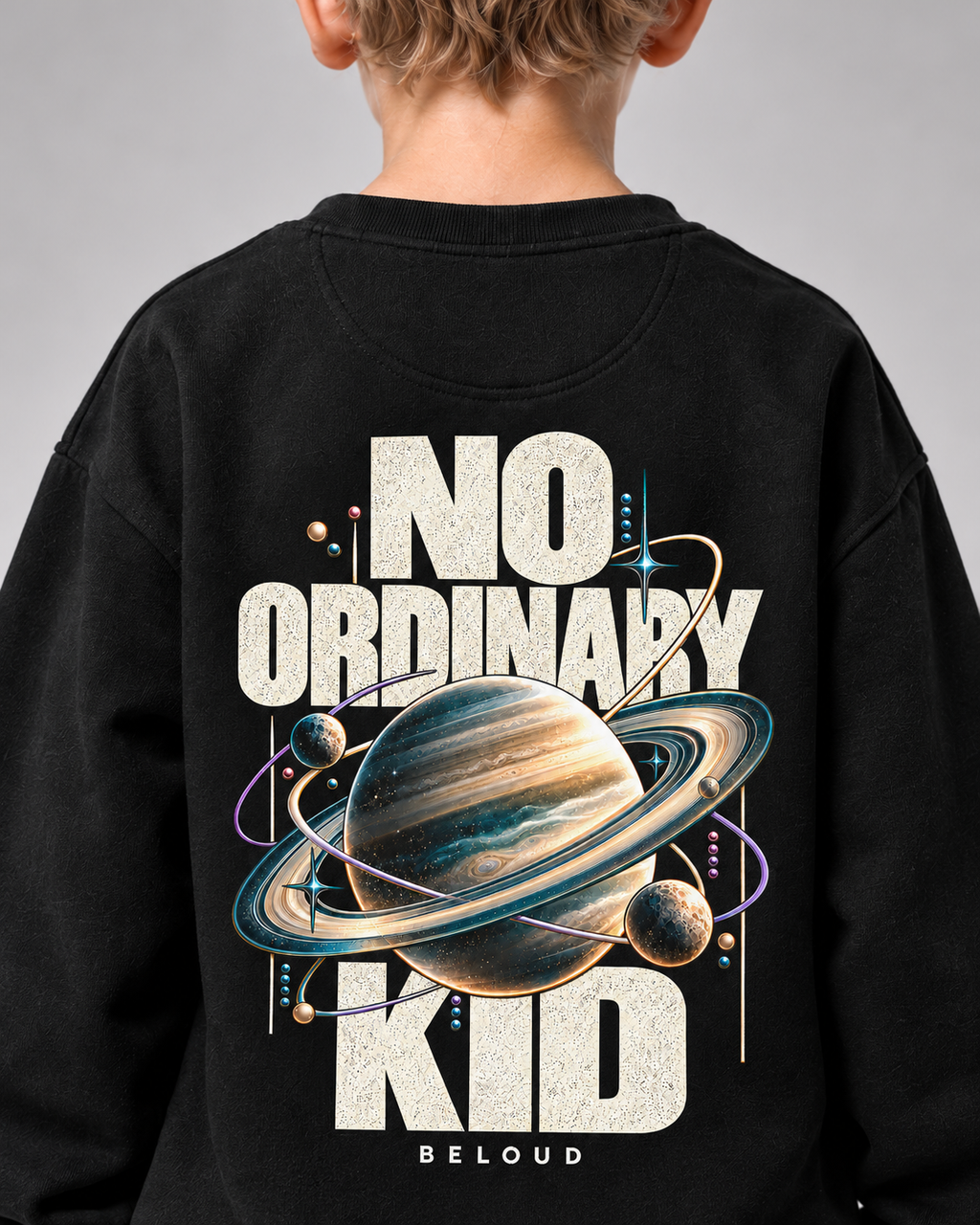 BELOUD NO ORDINARY KID Kids Sweater – Black – getragenes Printdetail
