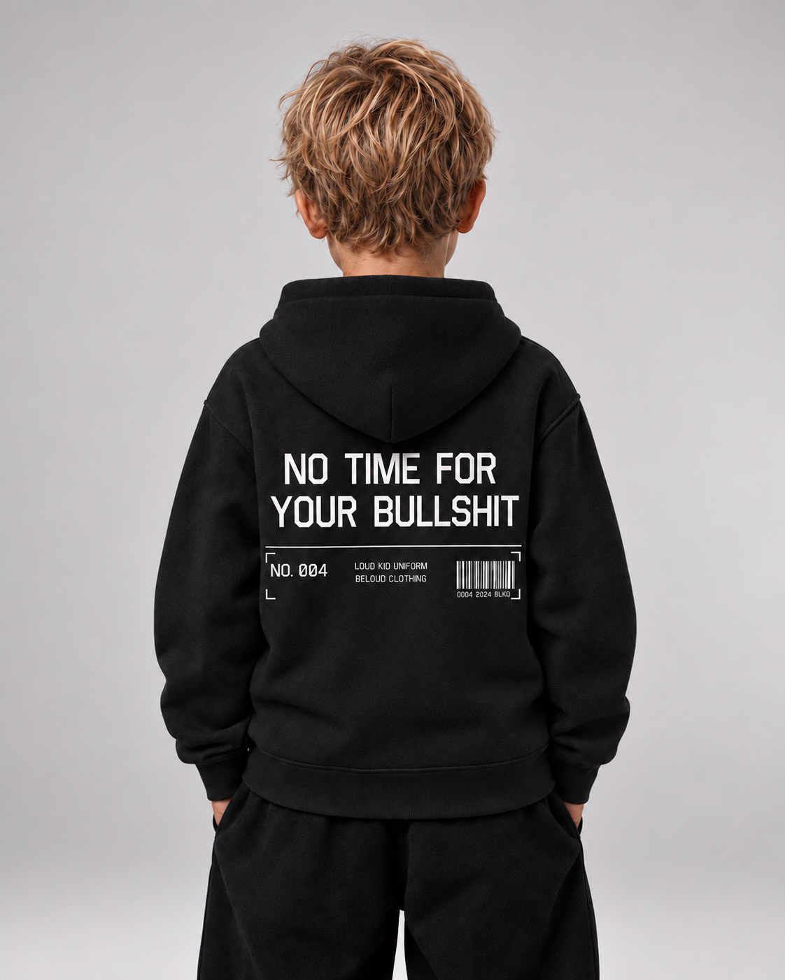NO TIME FOR YOUR BULLSHIT Kids Hoodie Black – Rückenansicht getragen