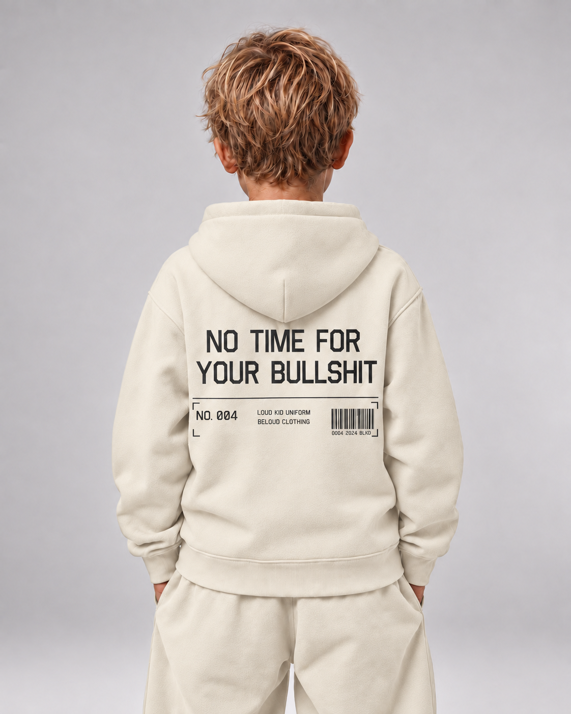 NO TIME FOR YOUR BULLSHIT Kids Hoodie Ivory – Rückenansicht getragen