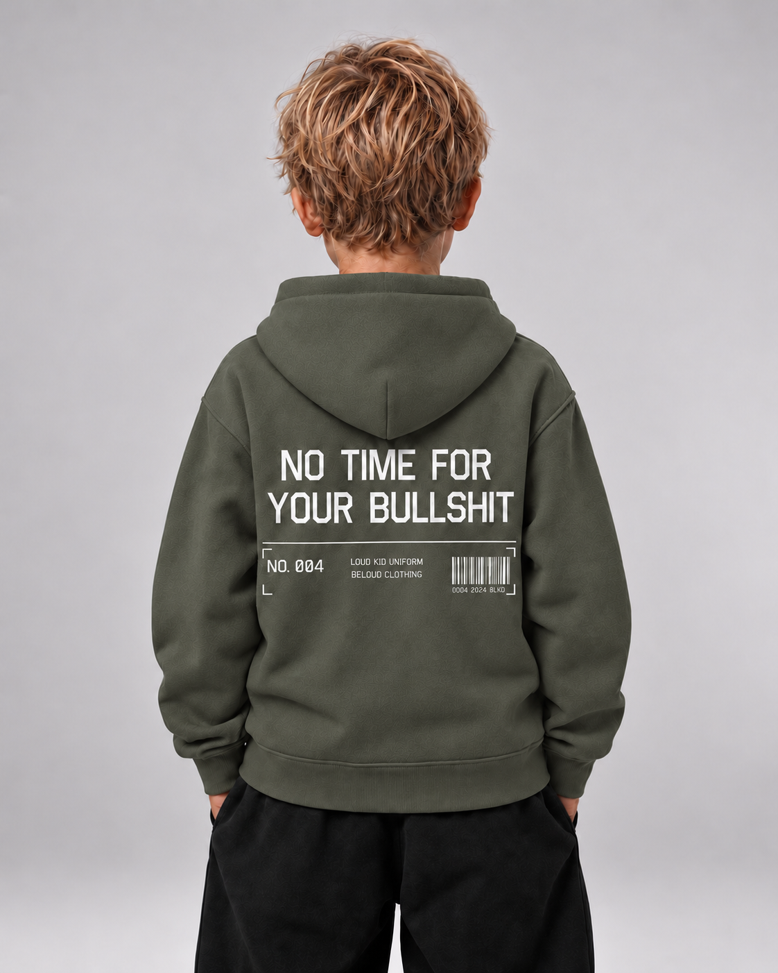 NO TIME FOR YOUR BULLSHIT Kids Hoodie Organic Khaki – Rückenansicht getragen
