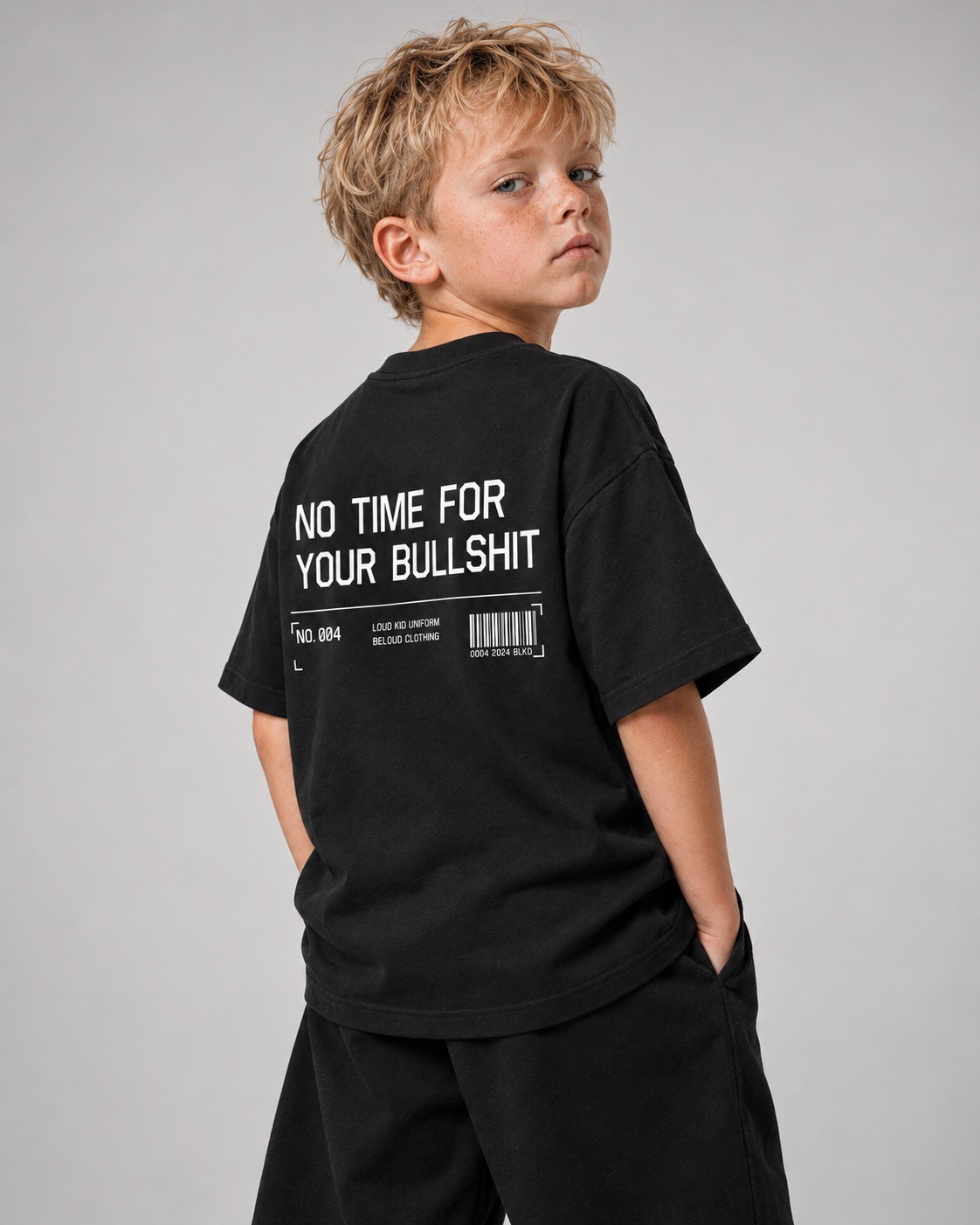 NO TIME FOR YOUR BULLSHIT Kids Shirt – Black – Dreiviertel-Rückenansicht