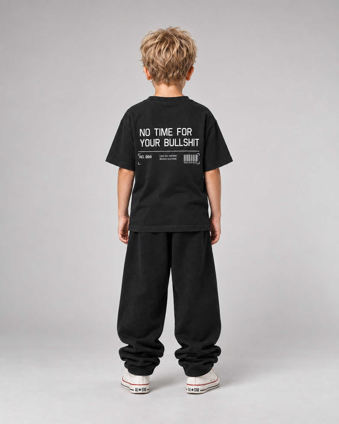 NO TIME FOR YOUR BULLSHIT Kids Shirt – Black – Rücken Fullbody