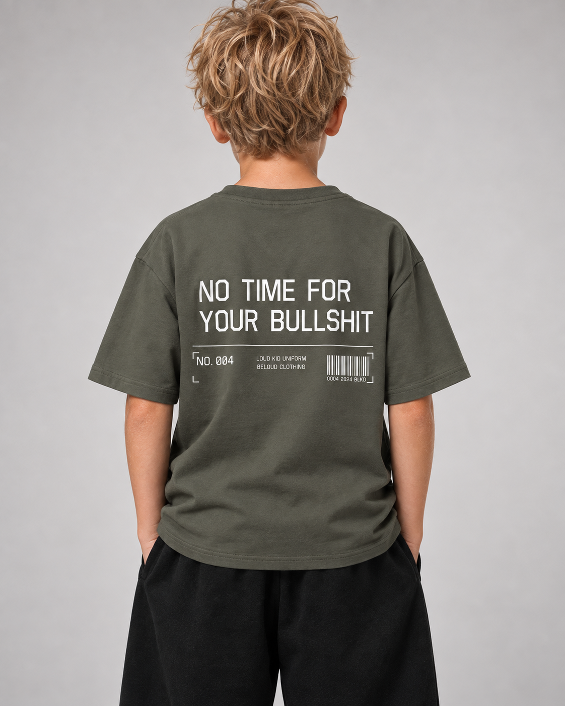 NO TIME FOR YOUR BULLSHIT Kids Shirt – Organic Khaki – Rückenansicht Halfbody