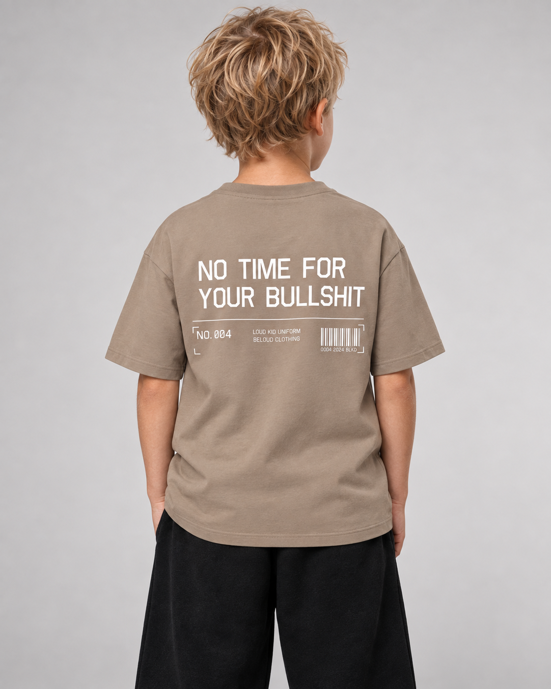 NO TIME FOR YOUR BULLSHIT Kids Shirt – Wet Sand – Rückenansicht Halfbody