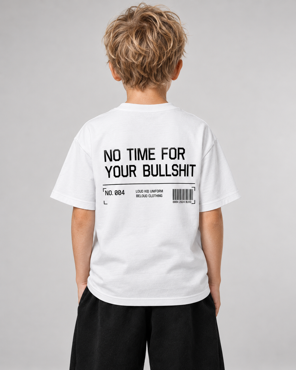 NO TIME FOR YOUR BULLSHIT Kids Shirt – White – Rückenansicht Halfbody