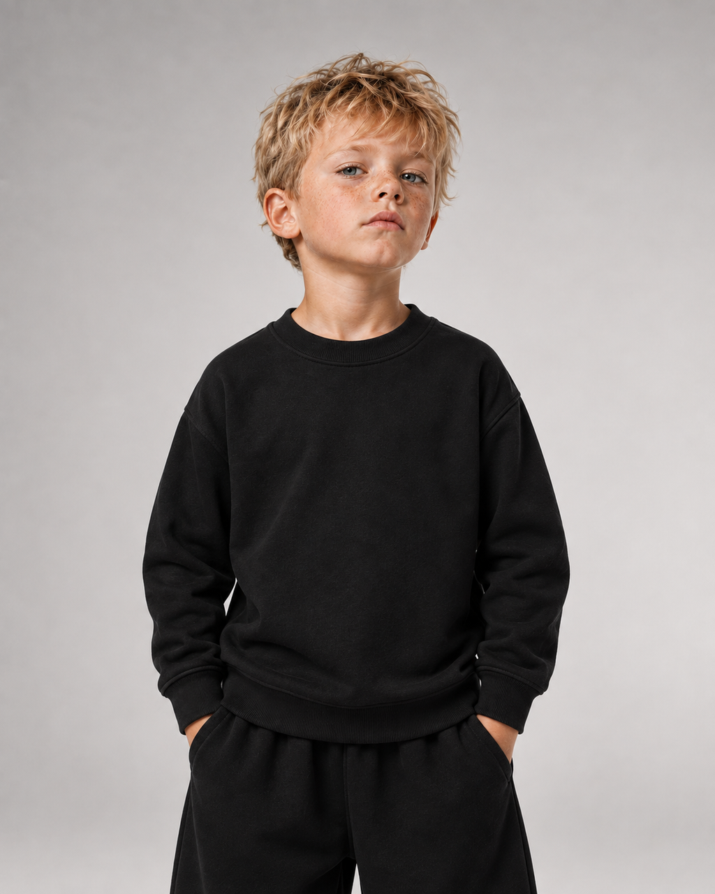 NO TIME FOR YOUR BULLSHIT Kids Sweater in Schwarz – Vorderansicht am Model
