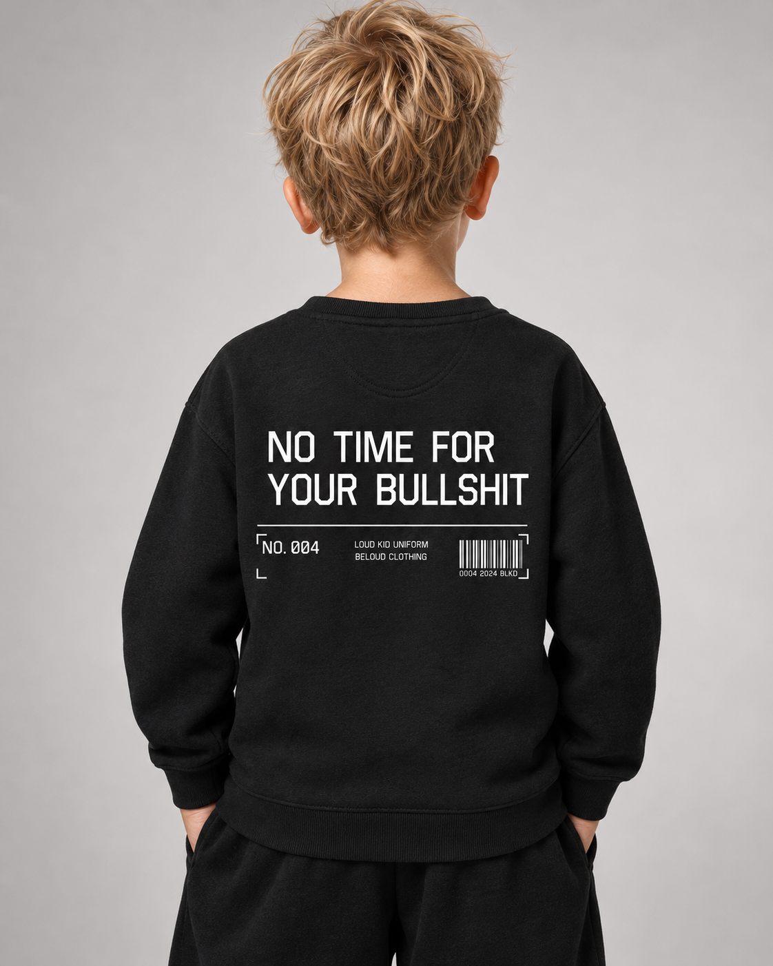 NO TIME FOR YOUR BULLSHIT Kids Sweater in Schwarz – Rückenprint Detail