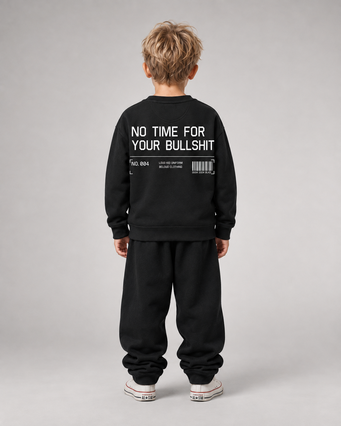 NO TIME FOR YOUR BULLSHIT Kids Sweater in Schwarz – Ganzkörper Rückenansicht