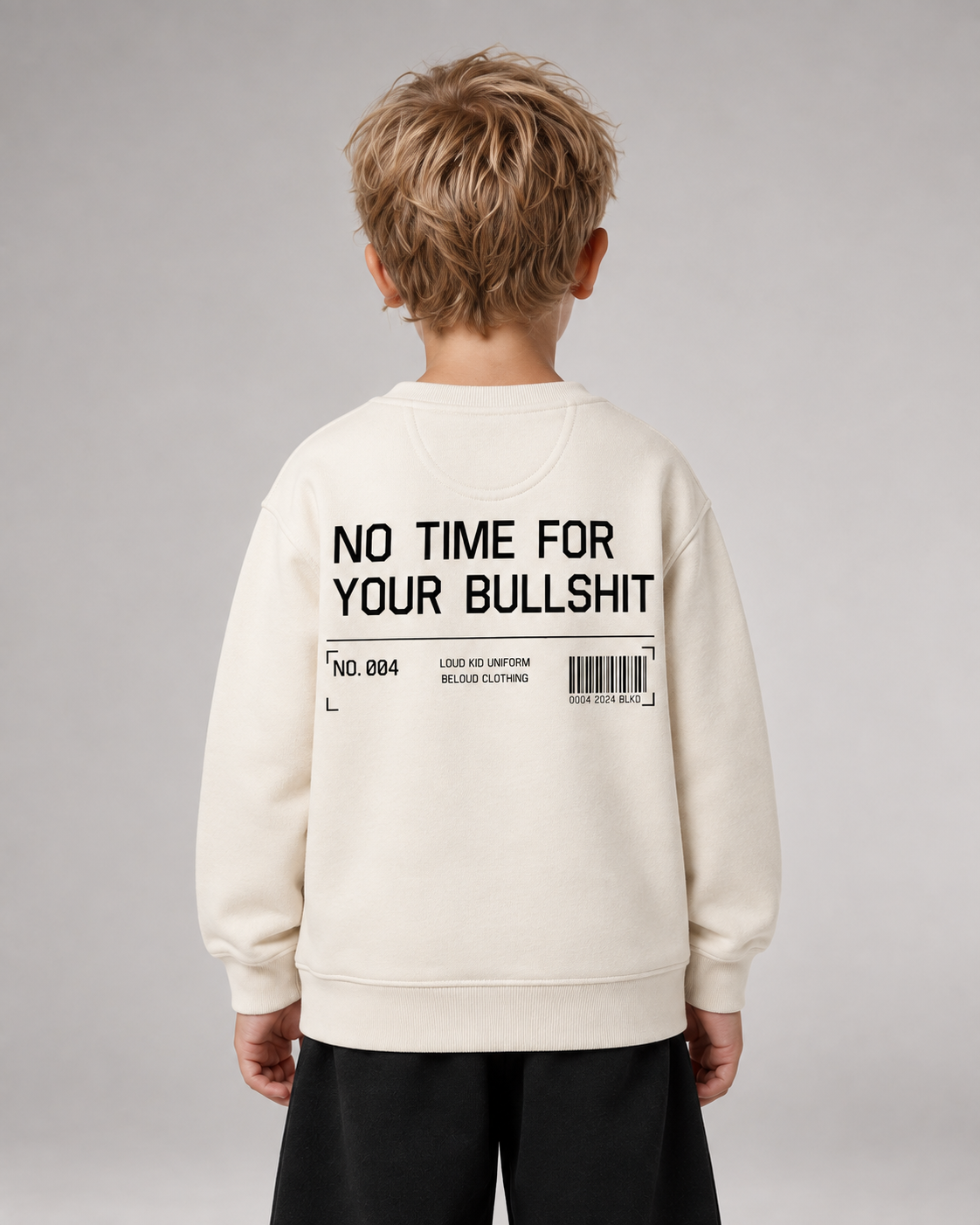 NO TIME FOR YOUR BULLSHIT Kids Sweater Ivory – Rückenansicht getragen