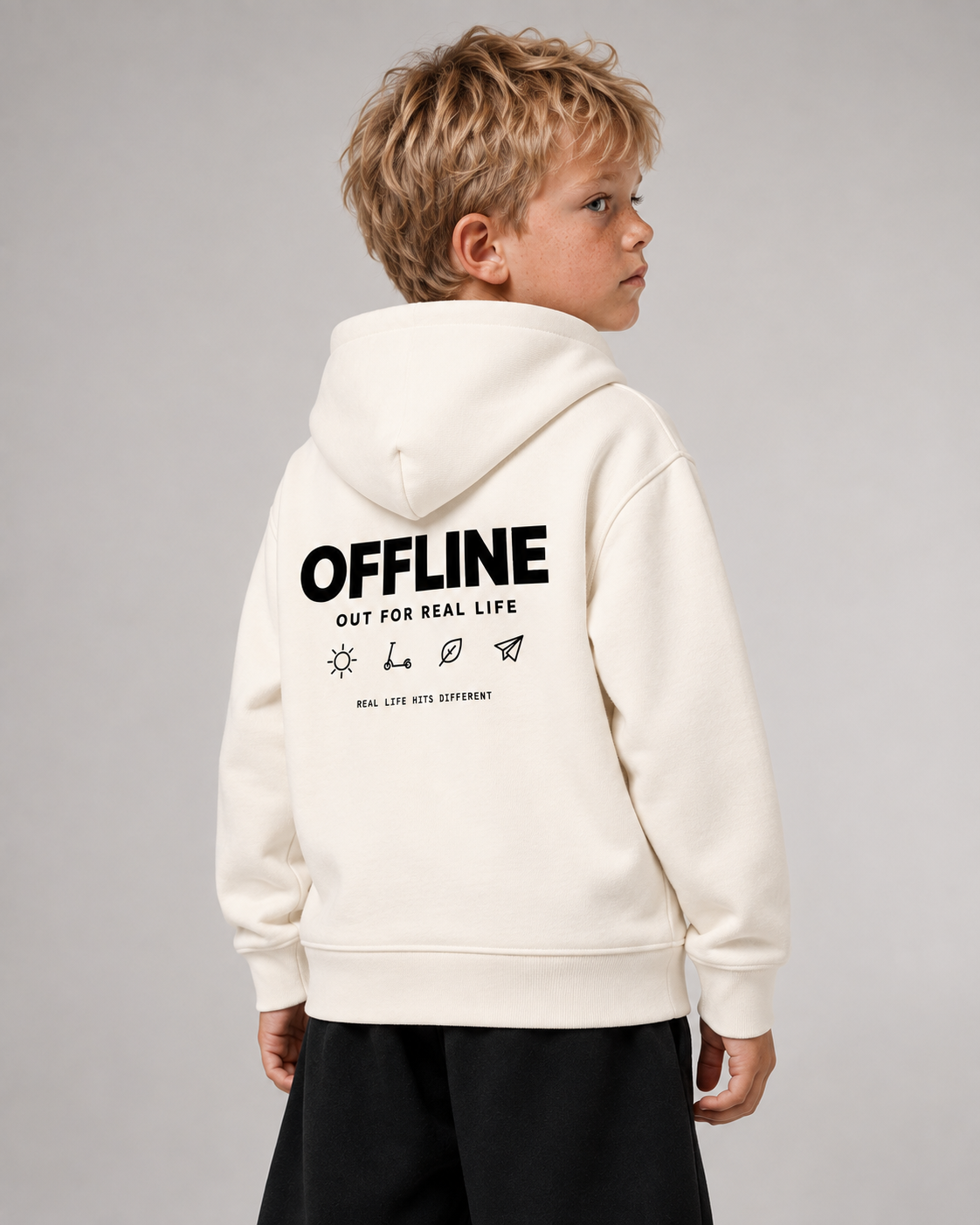 OFFLINE Kids Hoodie in Ivory – Dreiviertel-Rückenansicht