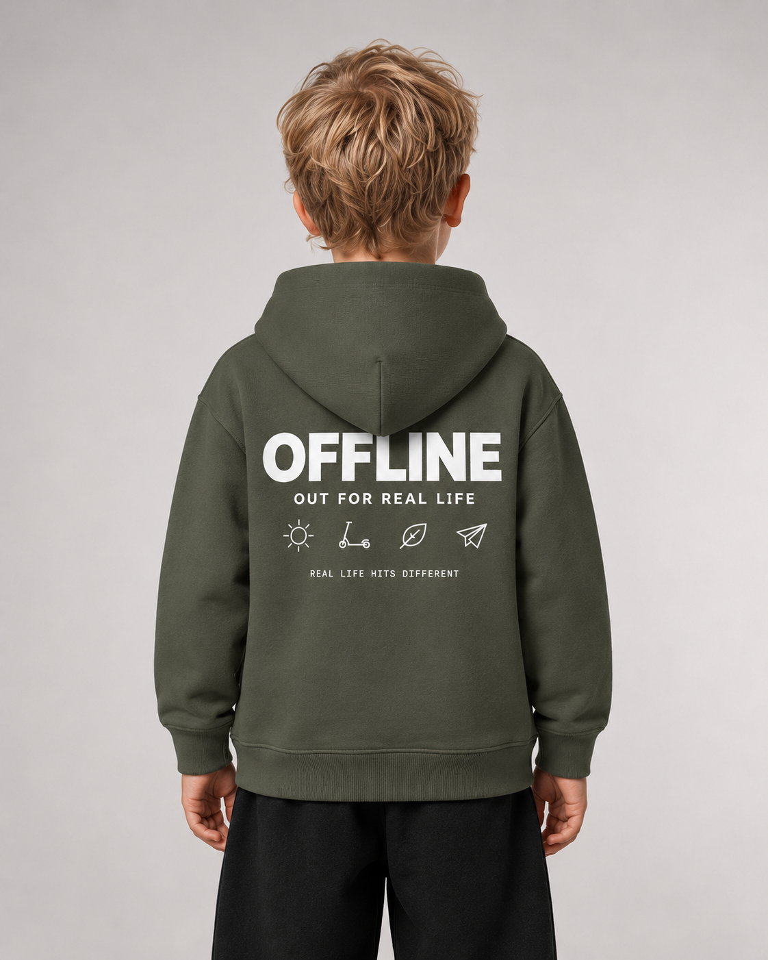 OFFLINE Kids Hoodie Organic Khaki – Rückenansicht Halfbody