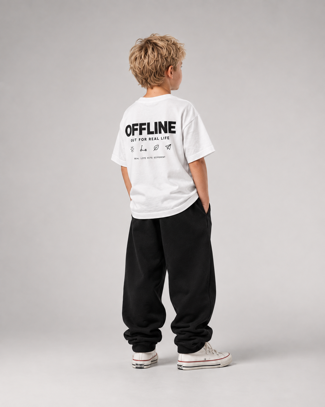 OFFLINE Kids Shirt – White – Dreiviertel-Rücken Fullbody