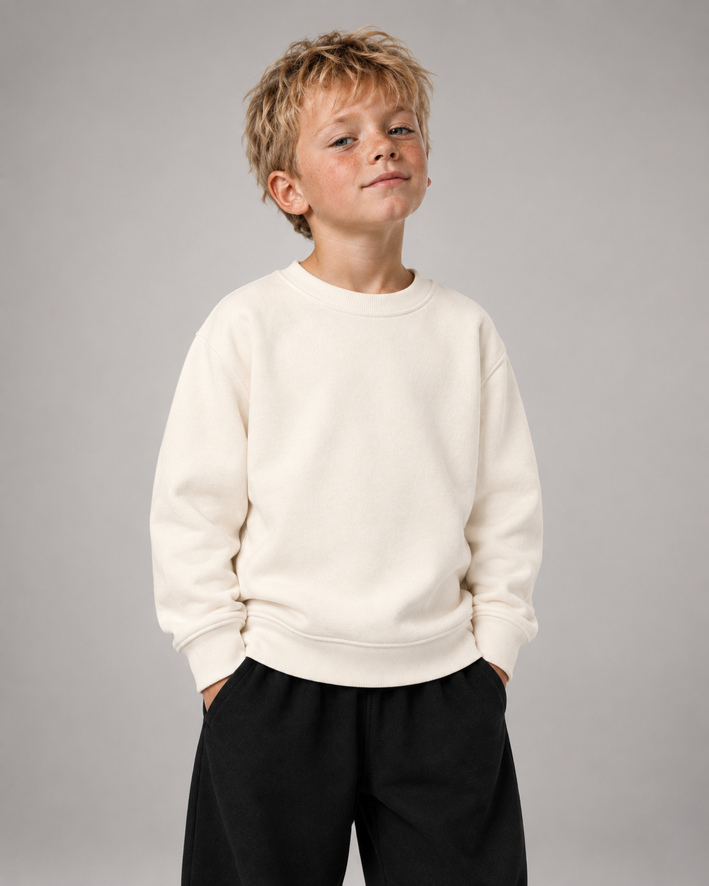 BELOUD OFFLINE Kids Sweater in Ivory – Vorderansicht am Jungen