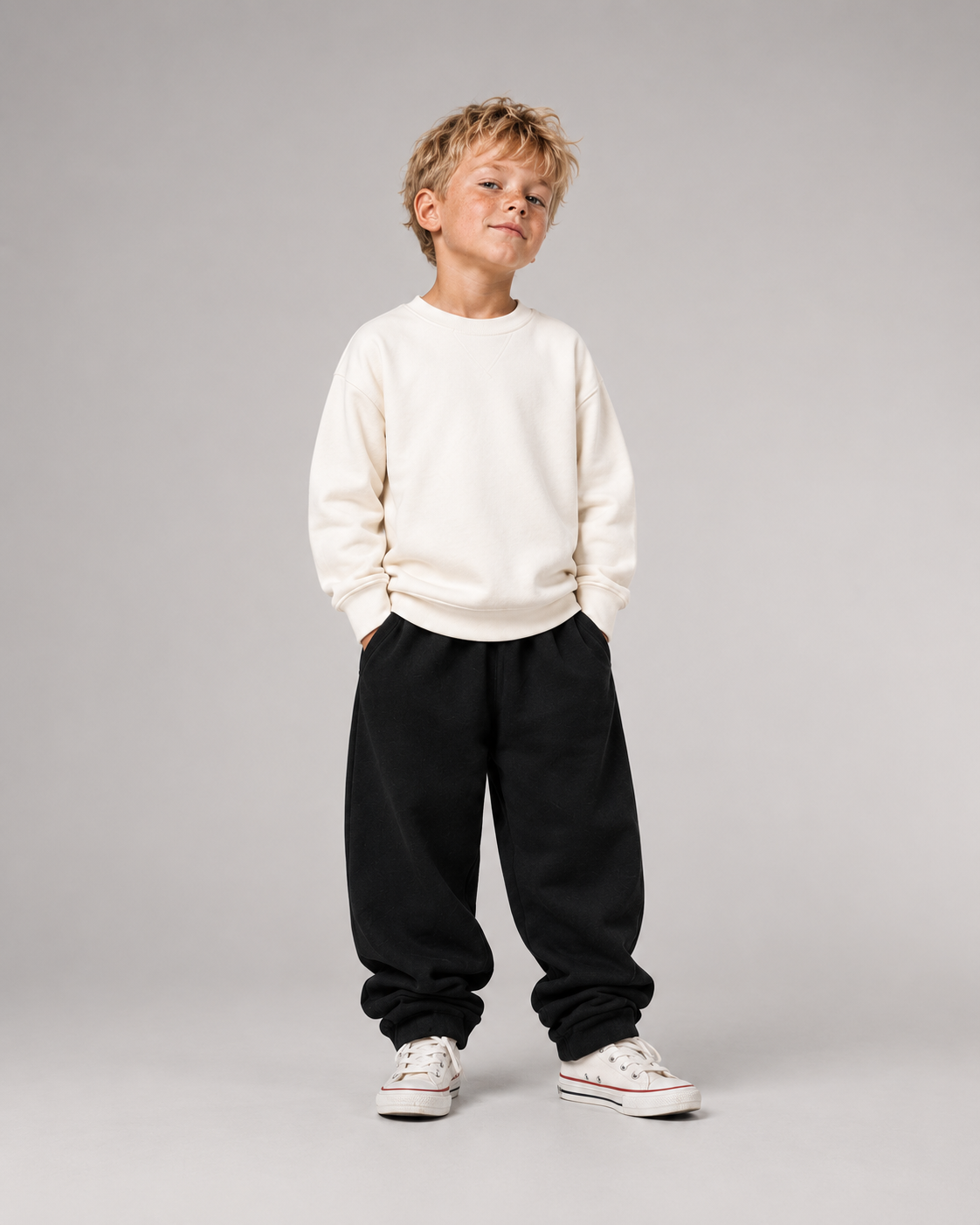 BELOUD OFFLINE Kids Sweater in Ivory – Ganzkörper-Vorderansicht mit schwarzen Jogger Pants