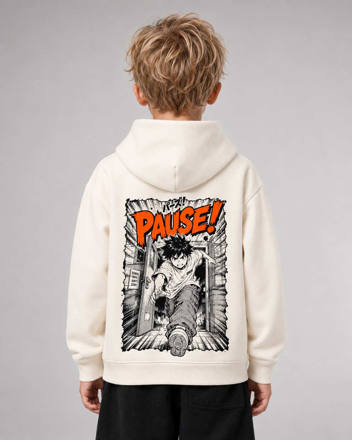 PAUSE Kids Hoodie in Ivory – Rückenansicht getragen, halbe Figur