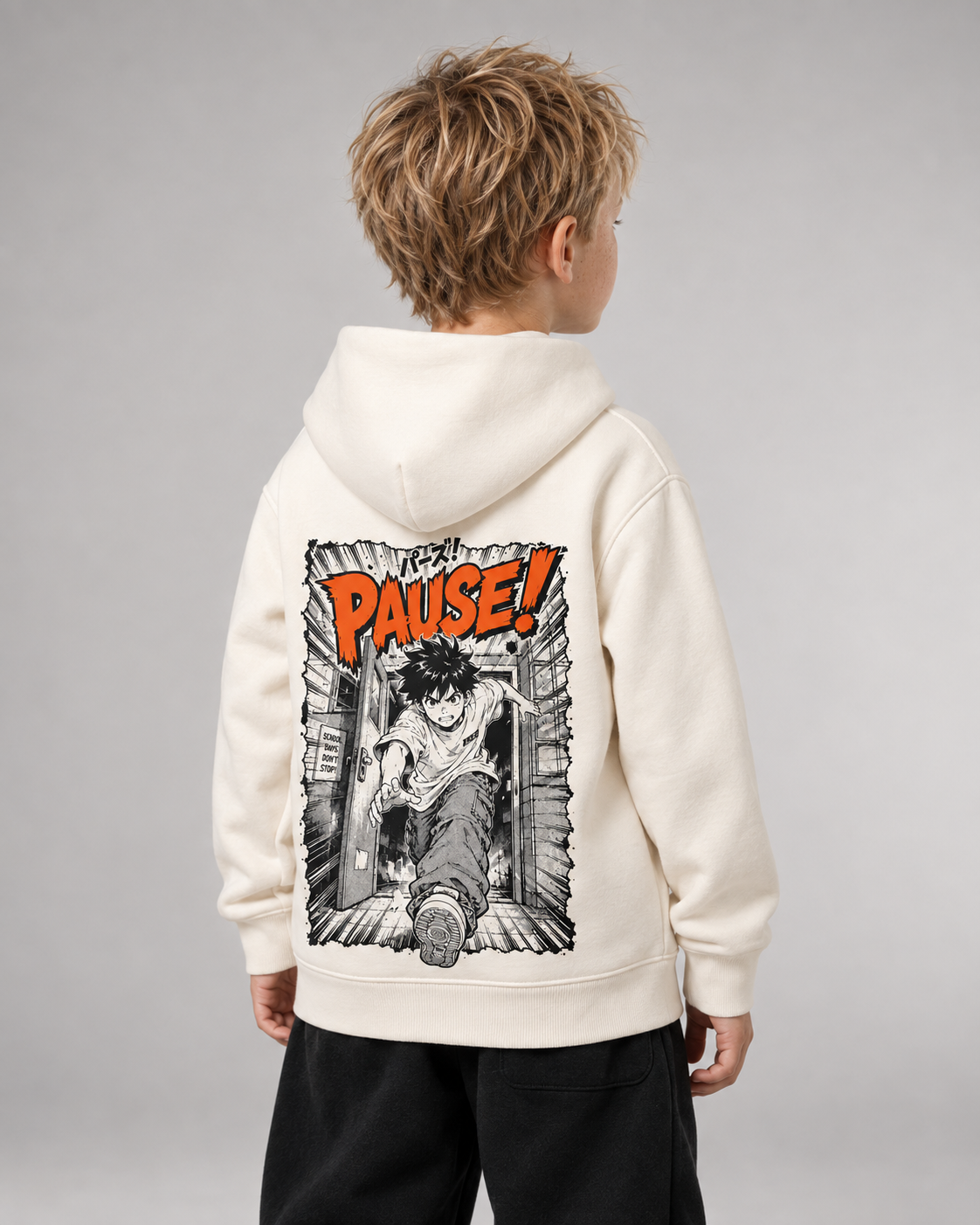PAUSE Kids Hoodie in Ivory – Dreiviertel-Rückenansicht