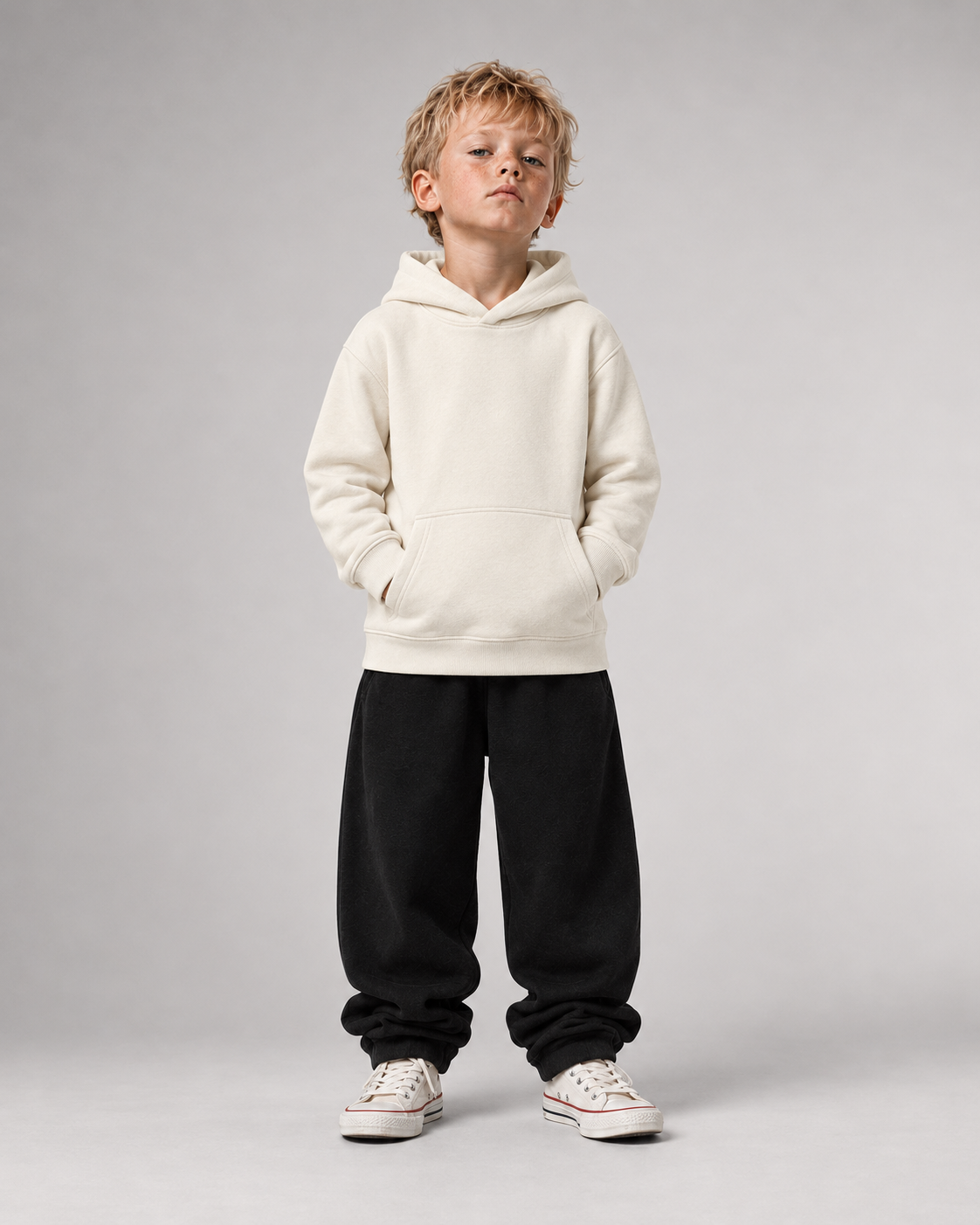 PAUSE Kids Hoodie in Ivory – Vorderansicht Ganzkörper