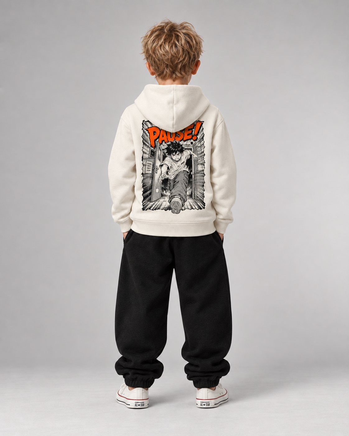 PAUSE Kids Hoodie in Ivory – Rückenansicht Ganzkörper