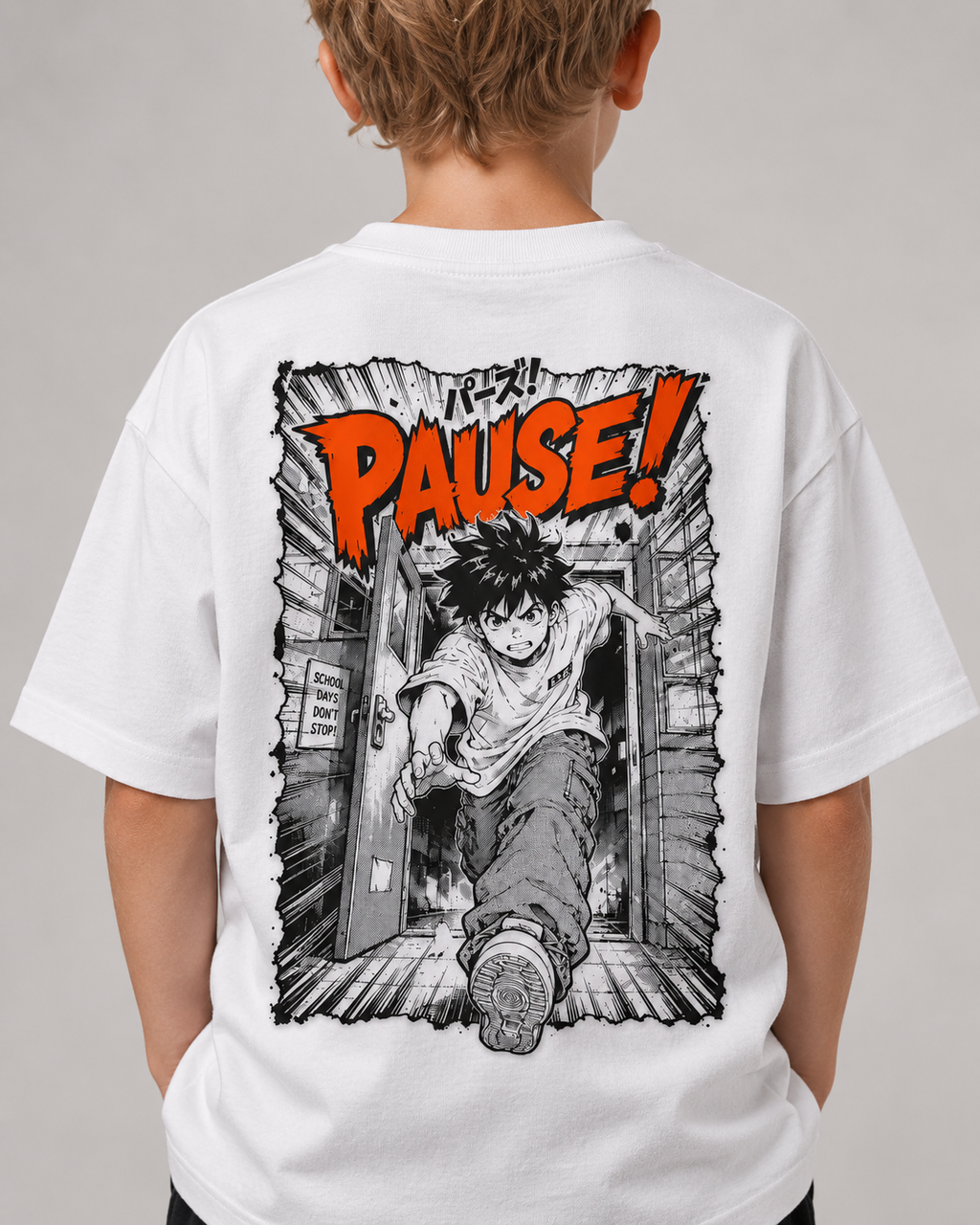 PAUSE Kids Shirt – White – Getragenes Printdetail
