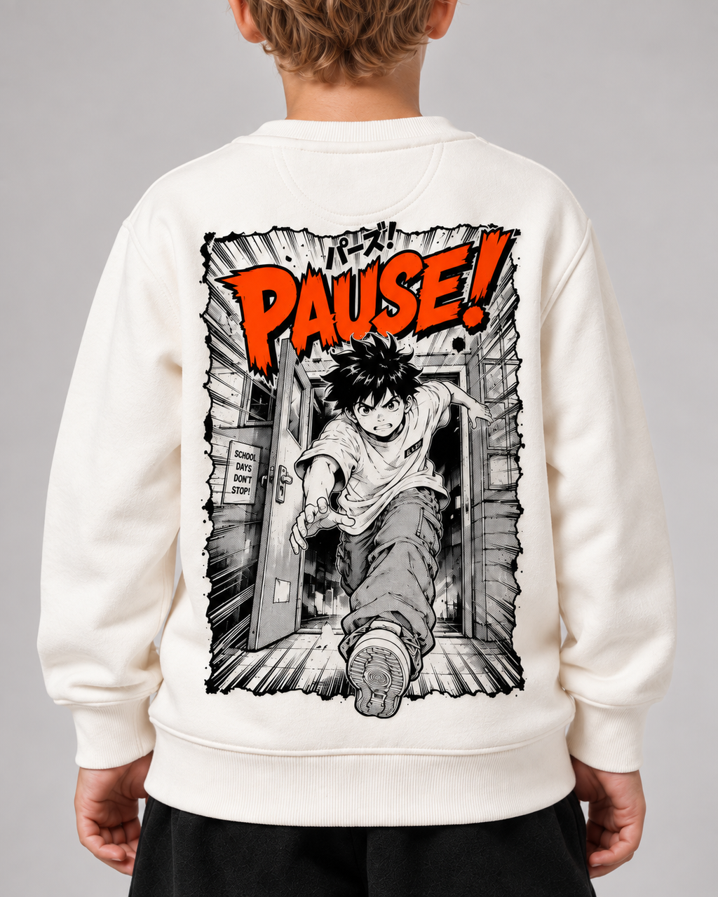 PAUSE! Kids Sweater in Ivory – Rückendruck Detail