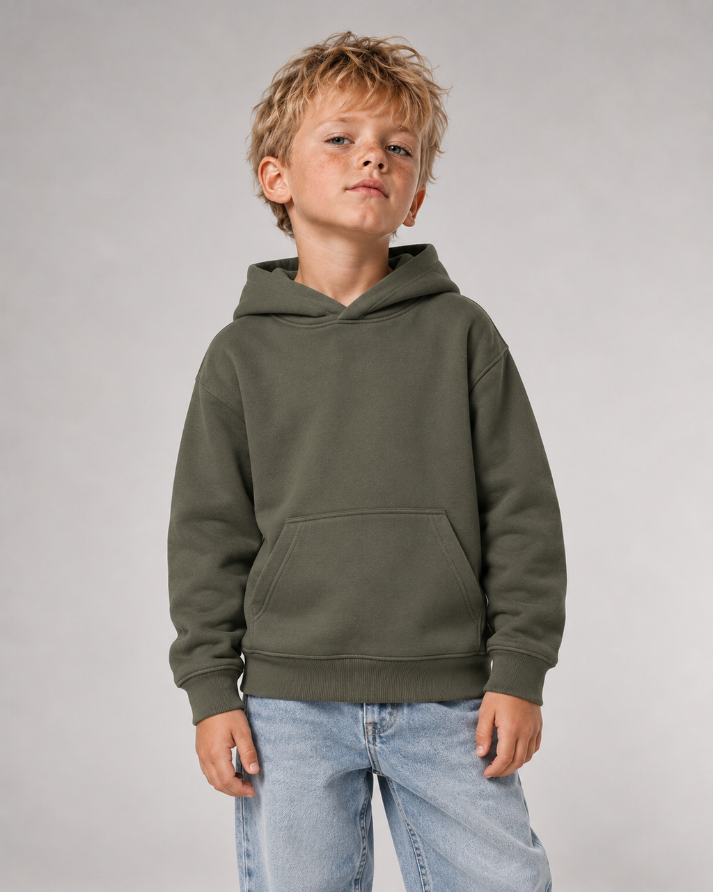 SCHULKIND CLUB 2027 Kids Hoodie – Organic Khaki – Frontansicht Halfbody