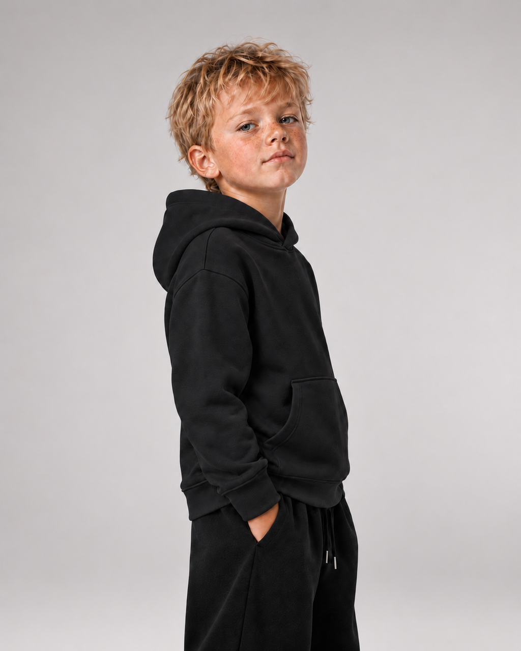 SCHULKIND CLUB 2026 Kids Hoodie Black – Seitenansicht und Passform