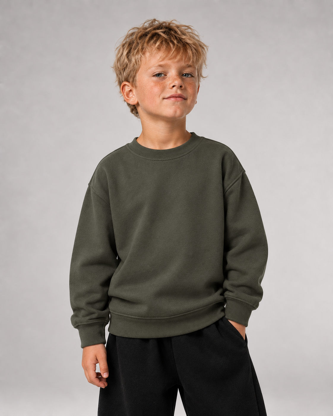 Junge trägt SCHULKIND CLUB 2026 Kids Sweater in Organic Khaki – Vorderansicht